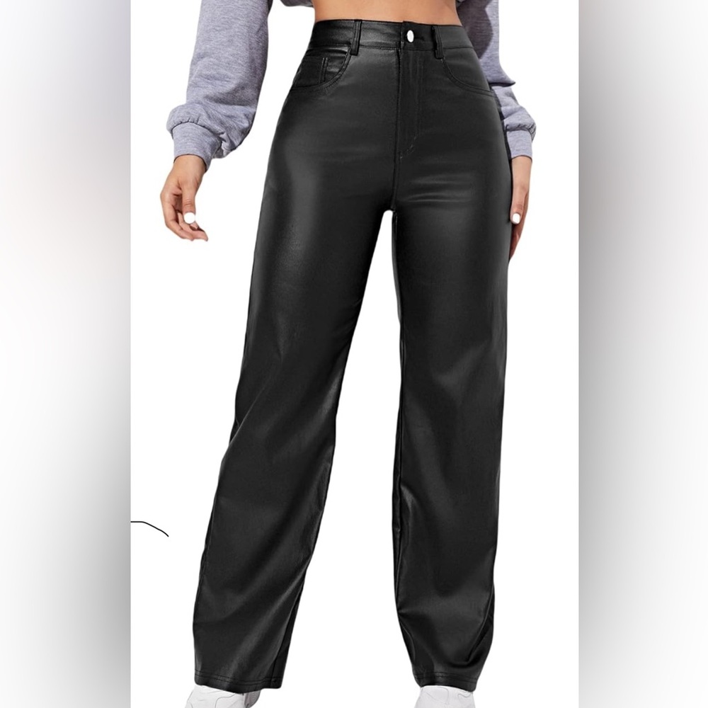 MakeMeChic Women's High Waist Pockets Straight Leg Leather Look Pant